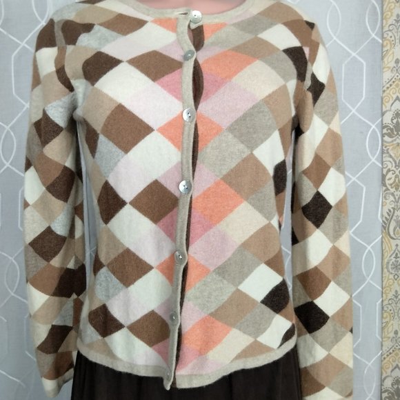 Cousin Johnny sweater Tan multi color check Cashmere blend size S - Picture 3 of 9